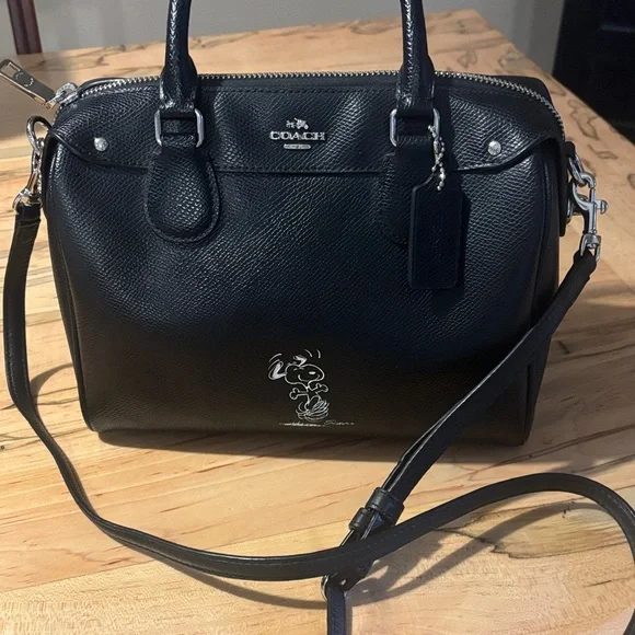 Coach Black Leather Satchel with Snoopy Design - Picture 1 of 7